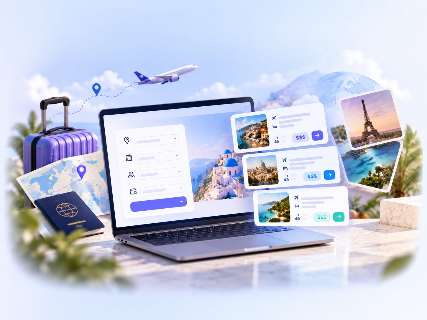 Travel booking marketplace visual with trip request form and multiple offers